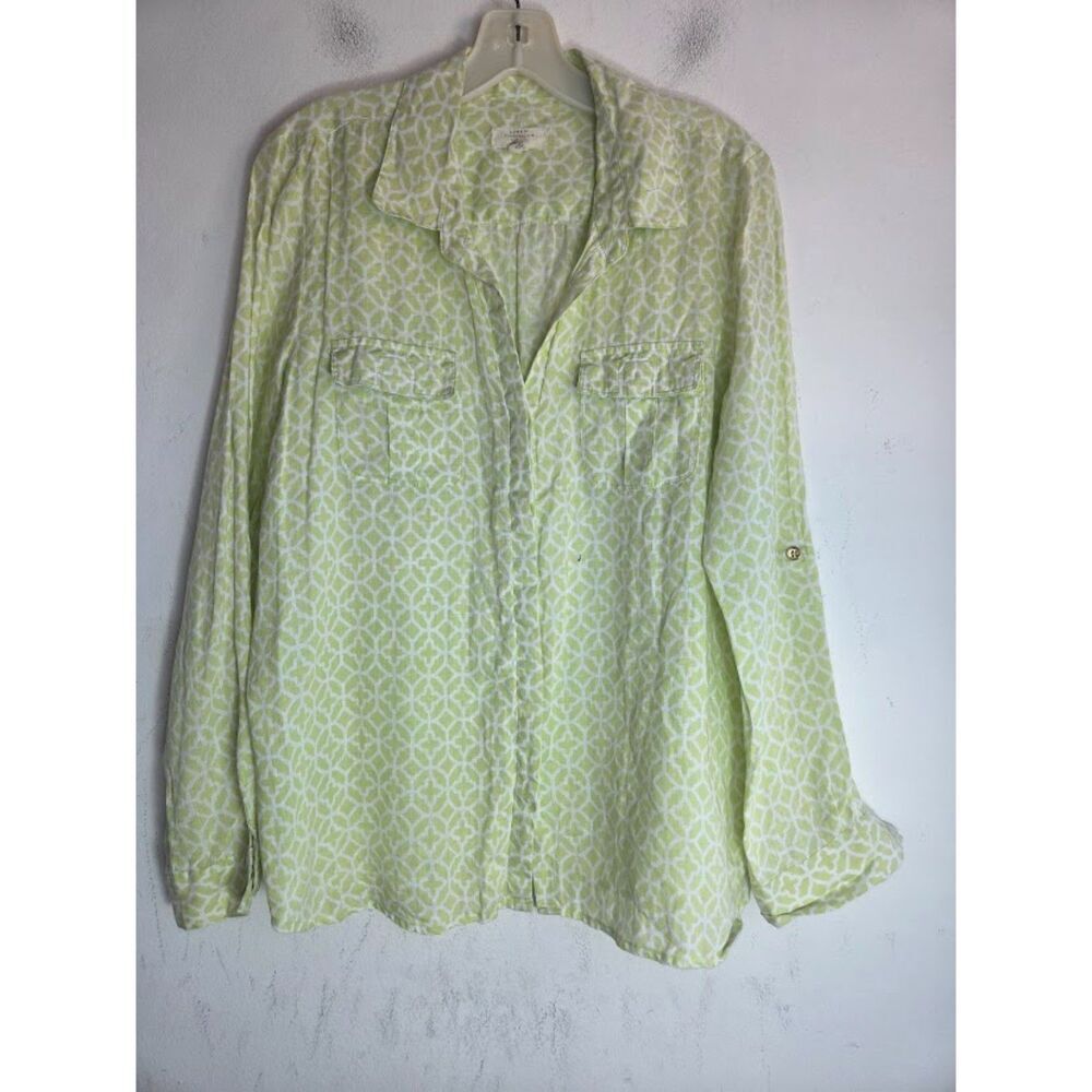Charter Club Luxury Green Anima Print 100% Linen Button Down Blouse size Large